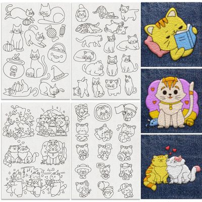 DOODLREAM 48Pcs Cat Playing Halloween Embroidery Pattern Stabilizer, 8.3"x11.7" Cute Kitten Water Soluble Stick and Stitch Embroidery Sticker, 4 Sheets Kitty Hand Sewing DIY Embroidery Paper