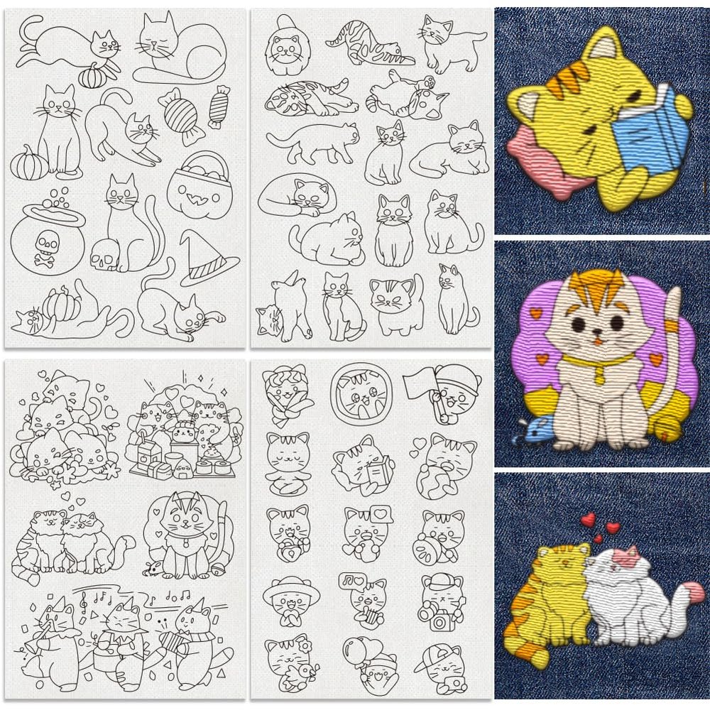 DOODLREAM 48Pcs Cat Playing Halloween Embroidery Pattern Stabilizer, 8.3"x11.7" Cute Kitten Water Soluble Stick and Stitch Embroidery Sticker, 4 Sheets Kitty Hand Sewing DIY Embroidery Paper