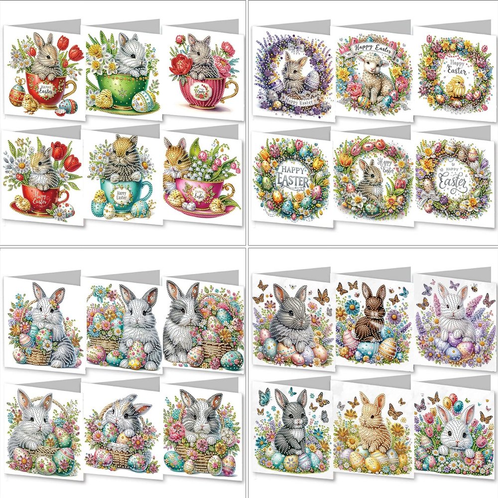 24 Pack DIY Diamond Art Painting Greeting Cards Set, Diamond Art Painting Easter Cards with Envelopes, 5D DIY Easter Greeting Cards Easter Diamond Art Kits Present-4PCS-C