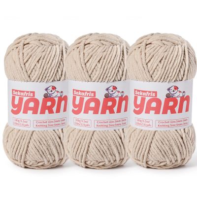 3 Pack Plush Chunky Chenille Yarn for Crocheting, Soft Fluffy Velvet Yarn for Crocheting, Fuzzy Baby Blanket Knitting Yarns, 300g/393yds Bulky Amigurumi Yarns3 Light Khaki