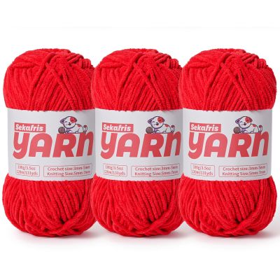 3 Pack Plush Chunky Chenille Yarn for Crocheting, Soft Fluffy Velvet Yarn for Crocheting, Fuzzy Baby Blanket Knitting Yarn, 300g/393yds Bulky Amigurumi Yarns3 Red