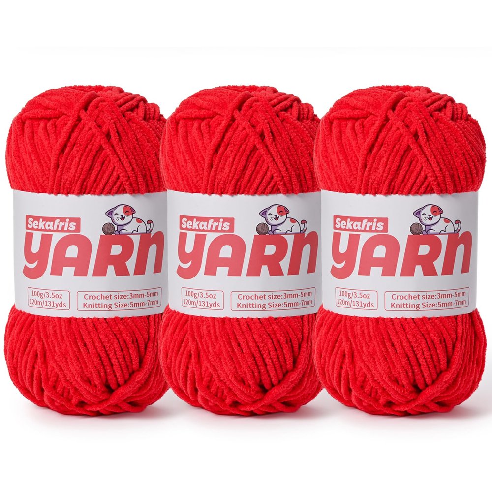 3 Pack Plush Chunky Chenille Yarn for Crocheting, Soft Fluffy Velvet Yarn for Crocheting, Fuzzy Baby Blanket Knitting Yarn, 300g/393yds Bulky Amigurumi Yarns3 Red