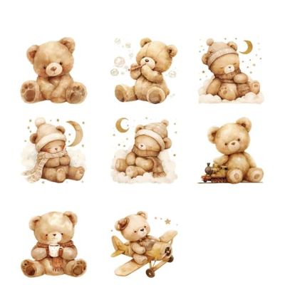 8PCS Boho Teddy Bear UV DTF Cup Wrap Transfer Stickers for Craft Furniture Glass Rub on Transfers Stickers Waterproof Cup Wraps Stickers Decal for Ceramic Mug DIY