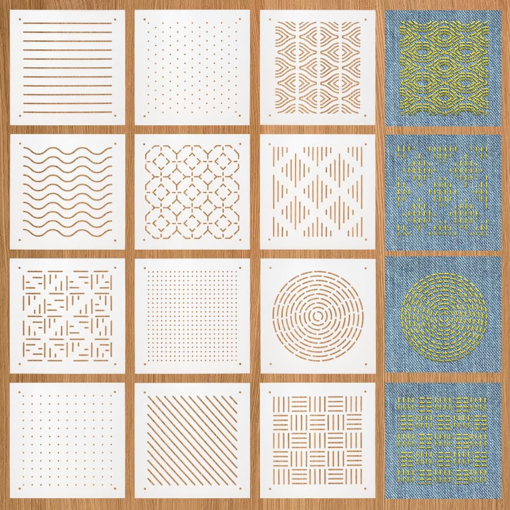 BENECREAT 12Pcs Plastic Sashiko Stencil, 5x5inch Dots, Lines, Waves, Slashes Traditional Embroidery Tool Drawing Line Template for Hand Quilting and Embroidery, 0.3mm Thick