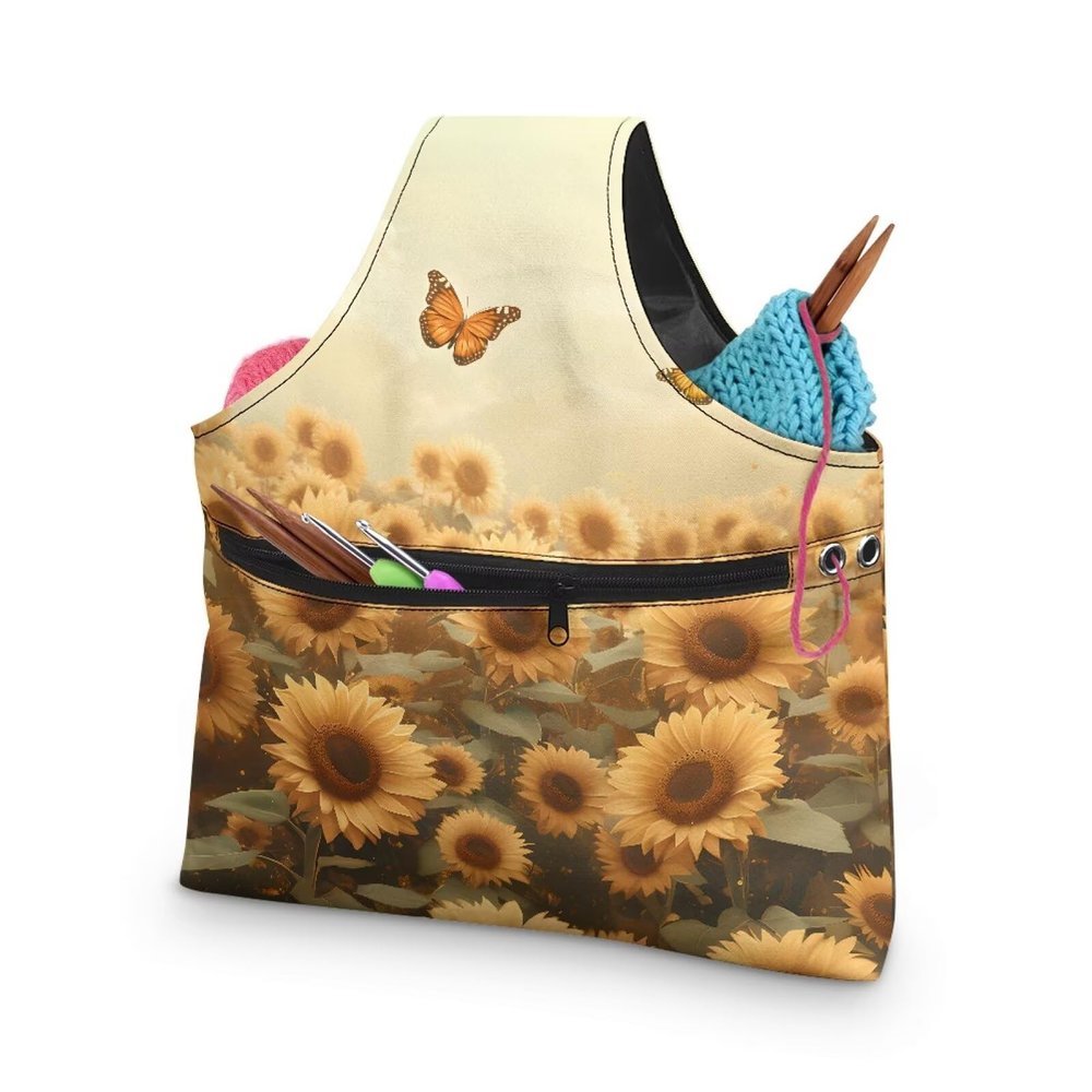Qehuruxo Sunflower Butterfly Yarn Bag Crochet Bag Organizer Waterproof Wear Resistant Vest Crochet Storage Knitting Bag Suitable for Knitting Lover