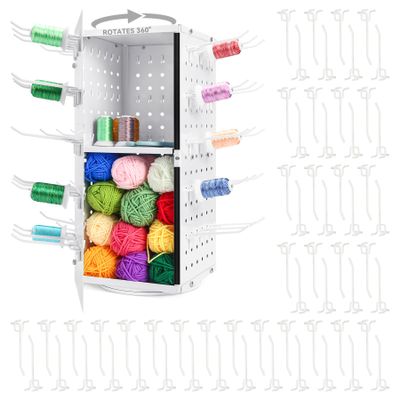 Metal 360 Fully Rotating Thread Rack, Detachable Thread Holder Organizer with Inner Storage Compartments for Sewing, Embroidery, Hair-braiding and Jewelry (White)