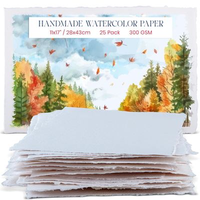 Wanderings Thick Handmade Watercolor Paper with Deckle Edge - 11" x 17" - 300GSM - Premium White Hot Press Smooth Mixed Media Paper Made with Recycled Cotton - 25 Loose Leaf Sheets