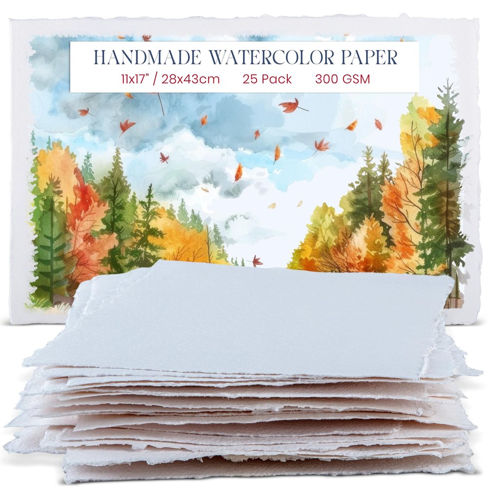 Wanderings Thick Handmade Watercolor Paper with Deckle Edge - 11" x 17" - 300GSM - Premium White Hot Press Smooth Mixed Media Paper Made with Recycled Cotton - 25 Loose Leaf Sheets