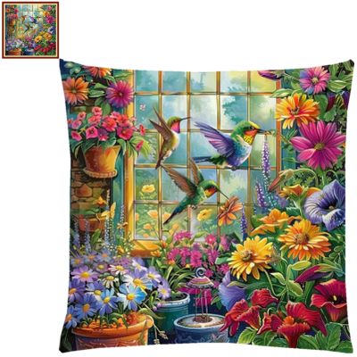 Lovxvouy Pillow Cross Stitch Kits for Adults Beginners-Preprinted Needlepoint Kit Stamped Crossstitching Kits 11CT Cross-Stitch Kit Stitches Kit Embroidery Kits-Garden Hummingbird 18x18 inchs