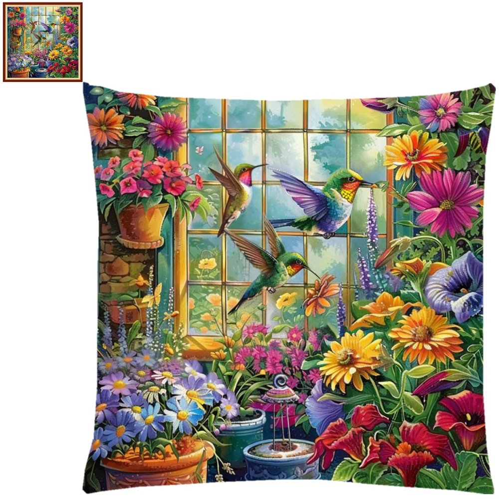 Lovxvouy Pillow Cross Stitch Kits for Adults Beginners-Preprinted Needlepoint Kit Stamped Crossstitching Kits 11CT Cross-Stitch Kit Stitches Kit Embroidery Kits-Garden Hummingbird 18x18 inchs