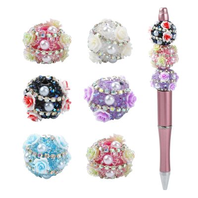 KitBeads 10 Pcs 22mm Rose Flower Beads with Rhinestone Acrylic Round Floral Ball Chunky Bead for Beadable Pens Bracelets Jewelry Making Bulk