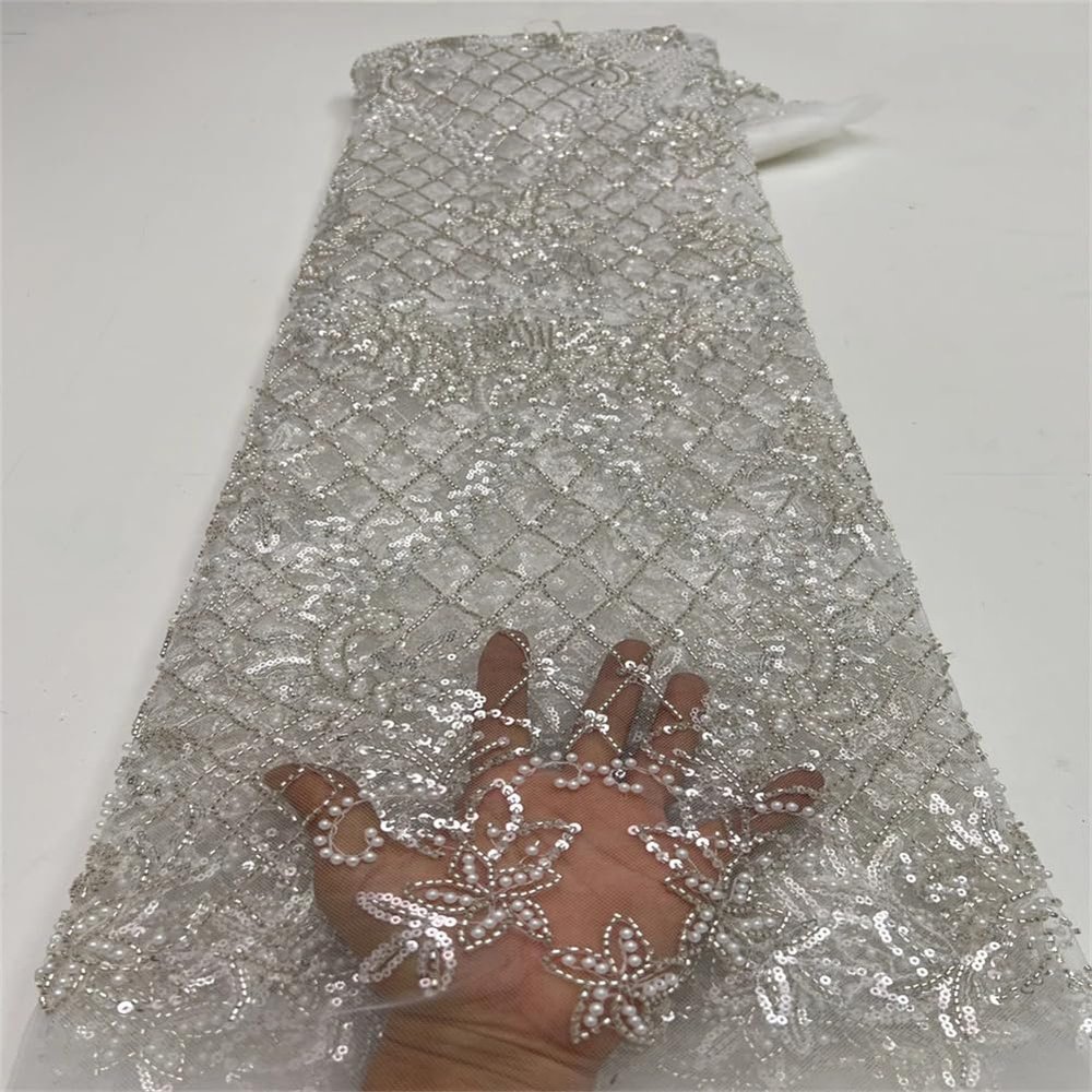 2.5 Yard African Sequins Beaded Lace Fabric Nigerian Embroidery French Tulle Sewing Material GL73-8 2.5yard
