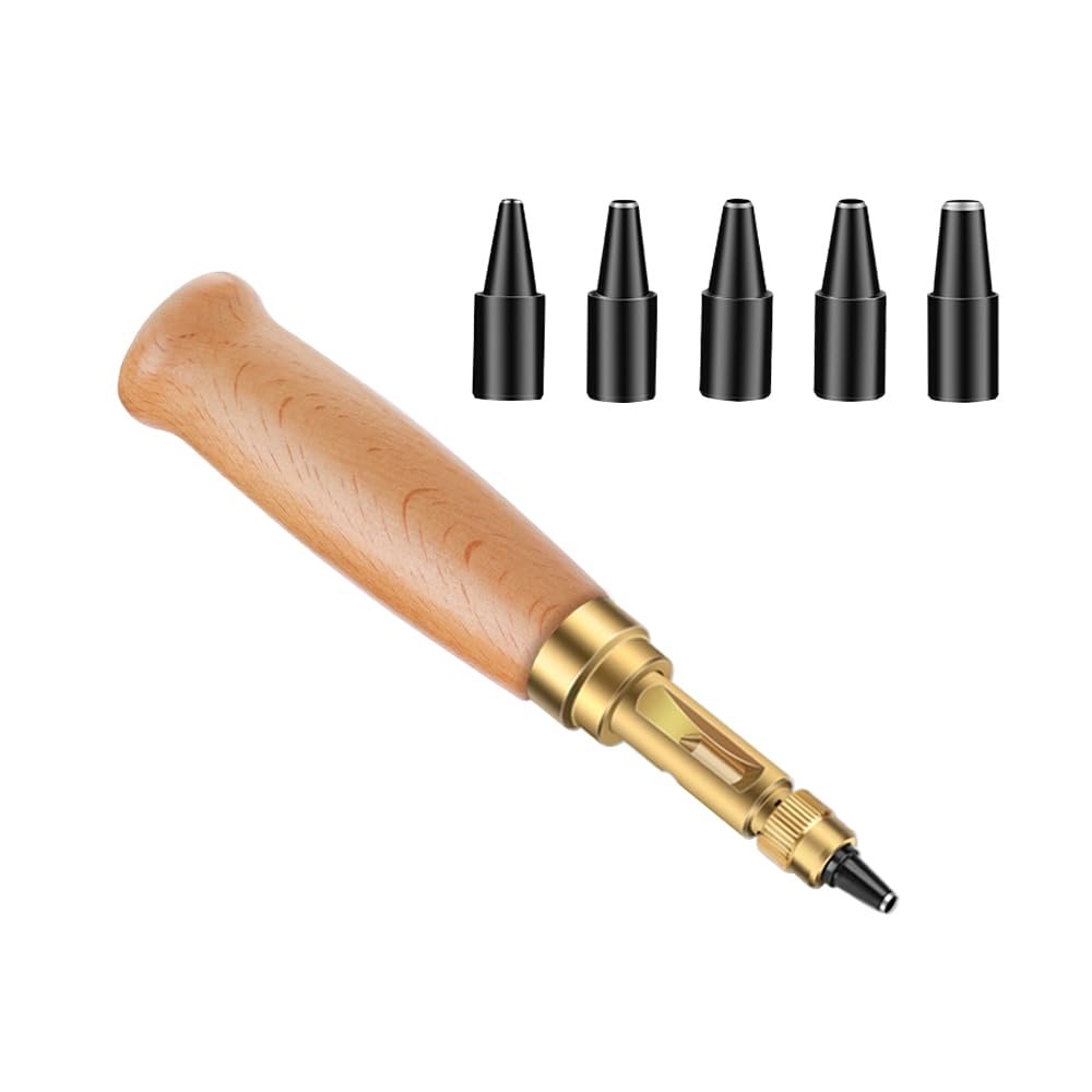Leather Hole Punch Tool with 6 Replacement Tip Drills, Adjustable Screw Hole Punch, Wood Handle Punch Set for Leather Sewing Paper Craft Fabric, Size 1.5mm-4mm Hole Diameter, Log