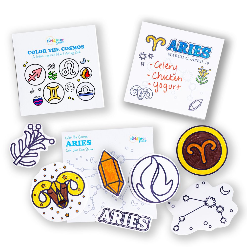 A Brighter Year Color The Cosmos Aries Gift Bundle - Adult Mini Coloring Book (3" x 3" - 50 Pages), Post It Notes (50-3 x 3), Stickers - Stress & Anxiety Relief - Mindfulness, Gift, Travel