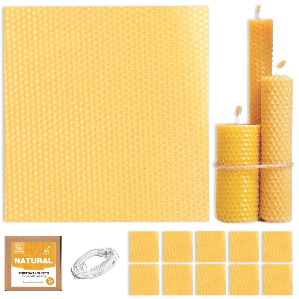 Natural Beeswax Sheets for Candle Making (10-Sheet Pack with Cotton Wicks) Natural Yellow Tone - DIY Beeswax Candle Rolling Kit for Kids & Adults
