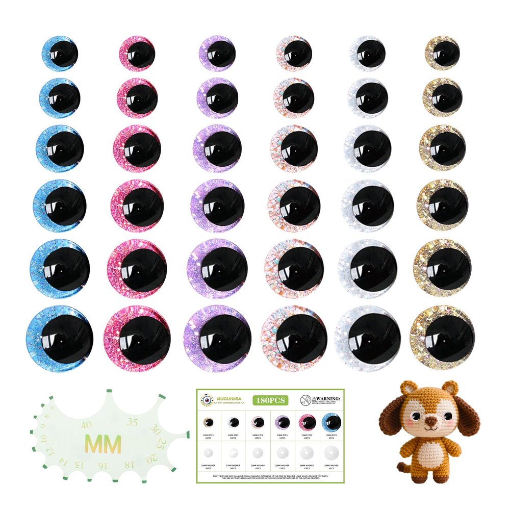 MUCUNNIA 180 Pcs 3D Moon Mermaid Safety Eyes for Amigurumi with Washers 12-30mm Trapezoid Glitter Safety Eyes for Crochet Animals Doll Eyes for Crocheting Stuffed Animal Eyes for DIY Christmas Decorat