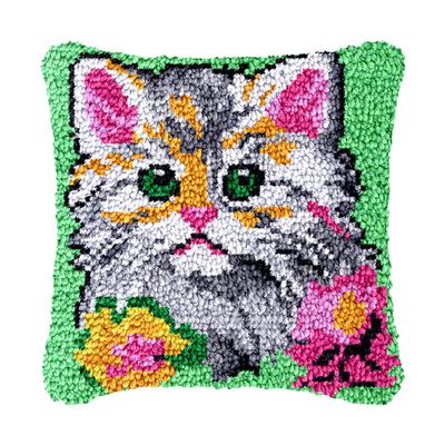 bositigo Cat Latch Hook Pillow Kit for Adults & Kids, DIY Pre-Printed Canvas Craft, 17x17 Inch Decorative Cover for Sofa Cushions, Bedroom Decor (Cat Pattern 31)