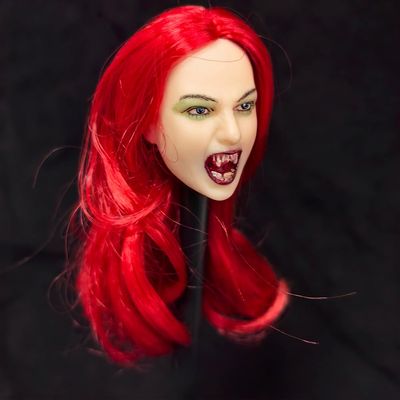 1/6 Scale Female Head Sculpt Vampire with Fangs in Long Red Hairstyle Head Carved Accessories for 12inch Action Figure Body Doll, 1/6 Scale Heavy Makeup Female Ghost Head Sculpt Accessory (red hair)
