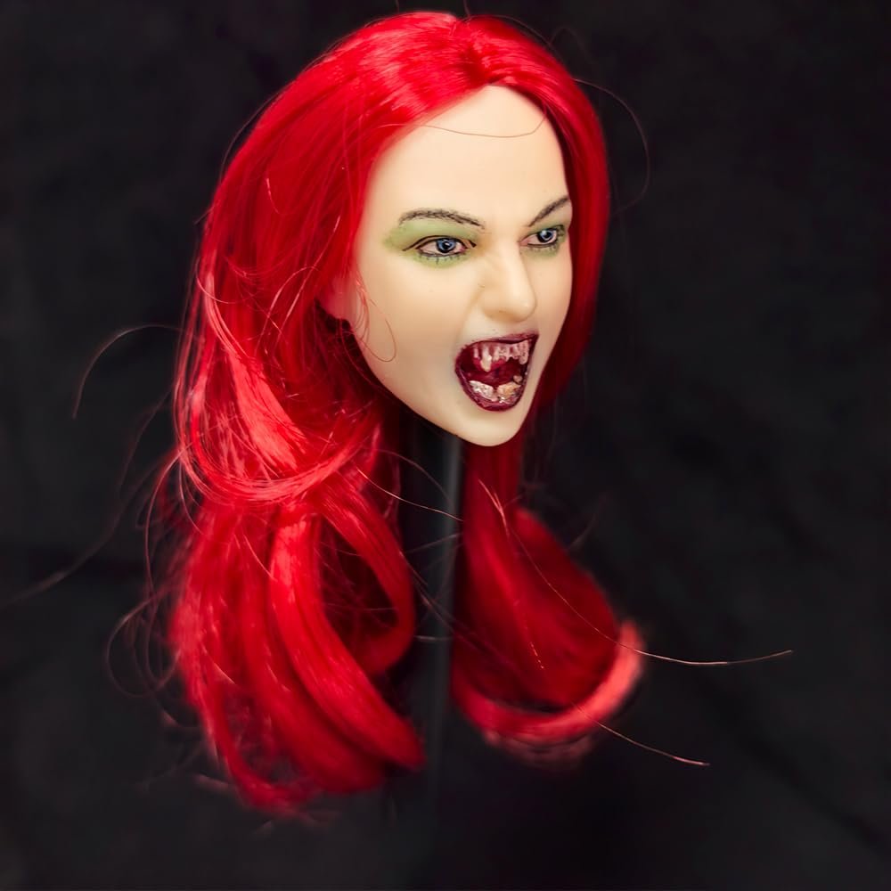 1/6 Scale Female Head Sculpt Vampire with Fangs in Long Red Hairstyle Head Carved Accessories for 12inch Action Figure Body Doll, 1/6 Scale Heavy Makeup Female Ghost Head Sculpt Accessory (red hair)
