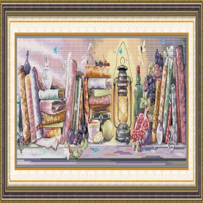 CrossNest 14CT Counted Cross Stitch Kit for Beginners, Unprinted Complete DIY Embroidery Set with Pattern & Tools, Premium Aida Cloth & Threads (Oil lamp Bookshelf)