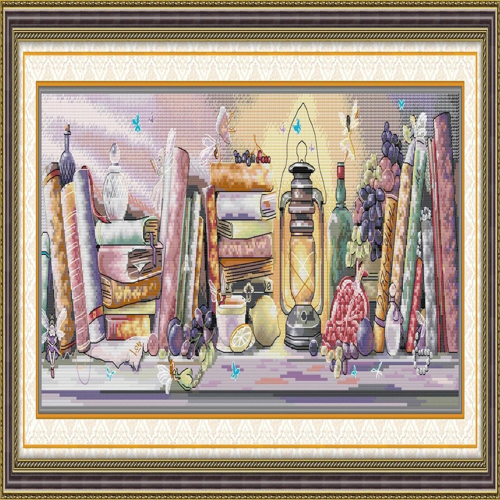 CrossNest 14CT Counted Cross Stitch Kit for Beginners, Unprinted Complete DIY Embroidery Set with Pattern & Tools, Premium Aida Cloth & Threads (Oil lamp Bookshelf)