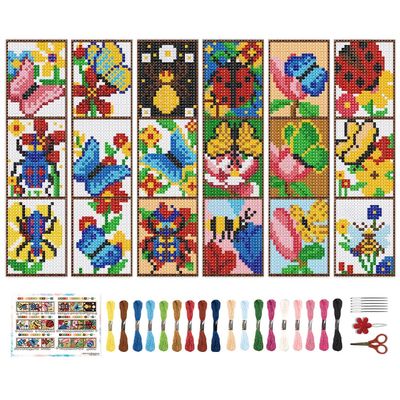 BEUNITONE 6 Pcs Insects Cross Stitch Bookmark Kits for Beginners Bookmark with Butterflies Dragonflies Pattern Counted Cross Stitch DIY Stamped Embroidery with Instructions for Book Lover 8''x2.4''
