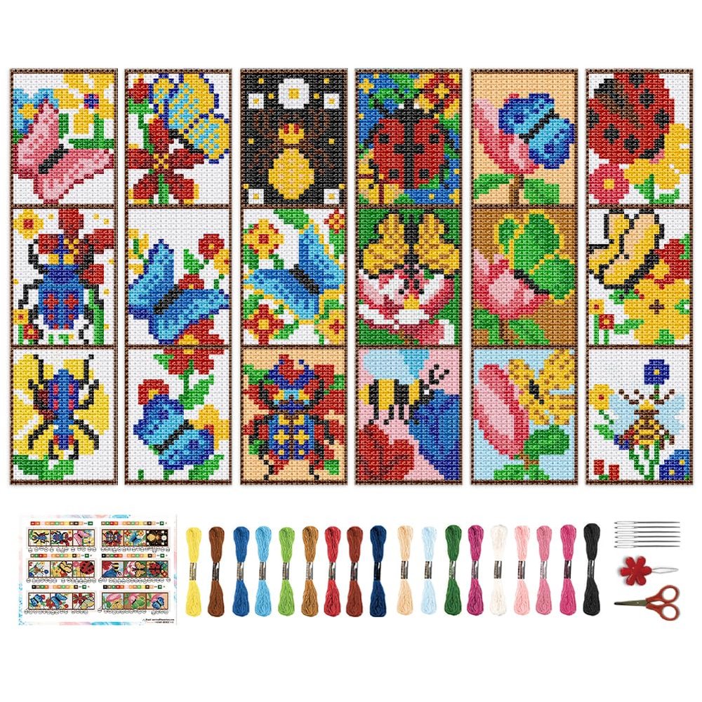 BEUNITONE 6 Pcs Insects Cross Stitch Bookmark Kits for Beginners Bookmark with Butterflies Dragonflies Pattern Counted Cross Stitch DIY Stamped Embroidery with Instructions for Book Lover 8''x2.4''
