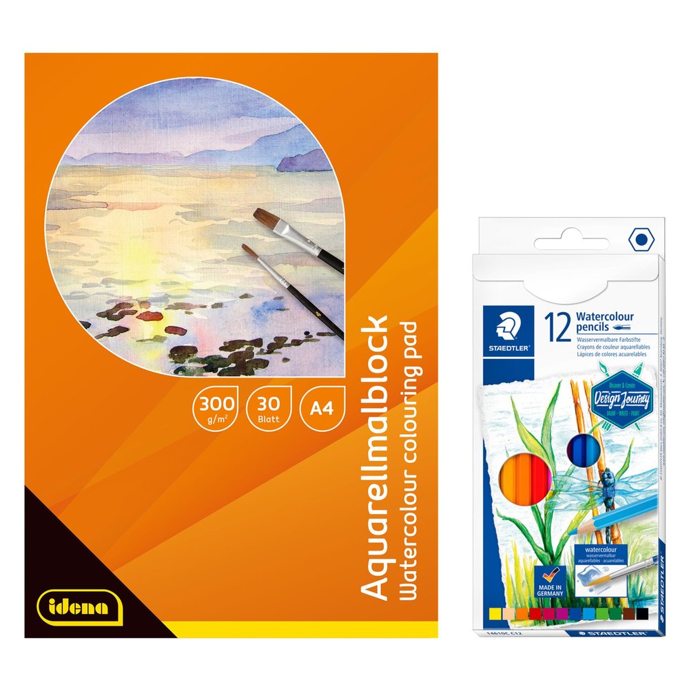 Idena 90343 Watercolour Painting Pad A4 with 30 Sheets, Includes 12 Staedtler Watercolour Pencils in Classic Hexagonal Format, Watersoluble Colouring Pencils