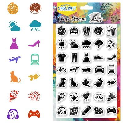 CHGCRAFT Daily Life Icon Clear Stamp Transparent Handicraft Stamps for DIY Scrapbooking Photo Album Decorative Cards Making, Mixed Shapes, 6.3x4.3inch
