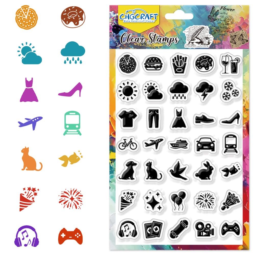 CHGCRAFT Daily Life Icon Clear Stamp Transparent Handicraft Stamps for DIY Scrapbooking Photo Album Decorative Cards Making, Mixed Shapes, 6.3x4.3inch