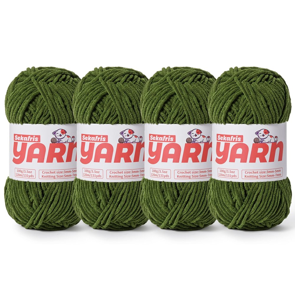4 Pack Plush Chunky Chenille Yarn for Crocheting, Soft Fluffy Velvet Yarn for Crocheting Amigurumi, Fuzzy Baby Blanket Knitting 400g/524yds Bulky(4 Pine Green)