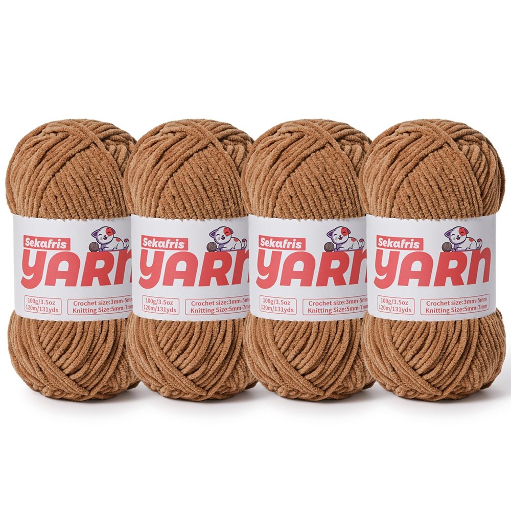 4 Pack Plush Chunky Chenille Yarn for Crocheting, Soft Fluffy Velvet Yarn for Crocheting Amigurumi, Fuzzy Baby Blanket Knitting 400g/524yds Bulky(4 Light Coffee)