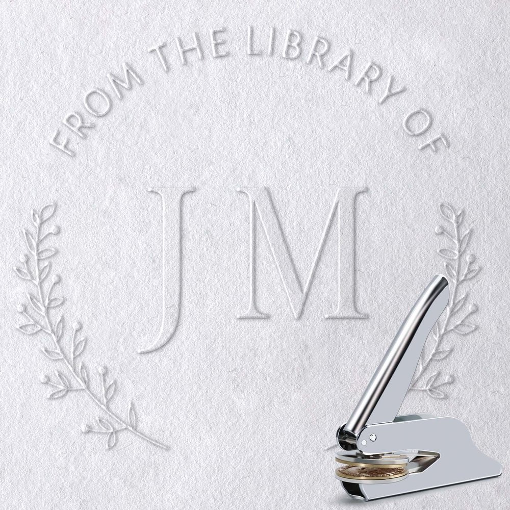 Initial Book Embosser for Wedding, Diaries & Journals Gifts, Embosser Stamp with Storage Box & 10pcs Gold Stickers, Silver Embosser Tool for Book Lovers(JM)