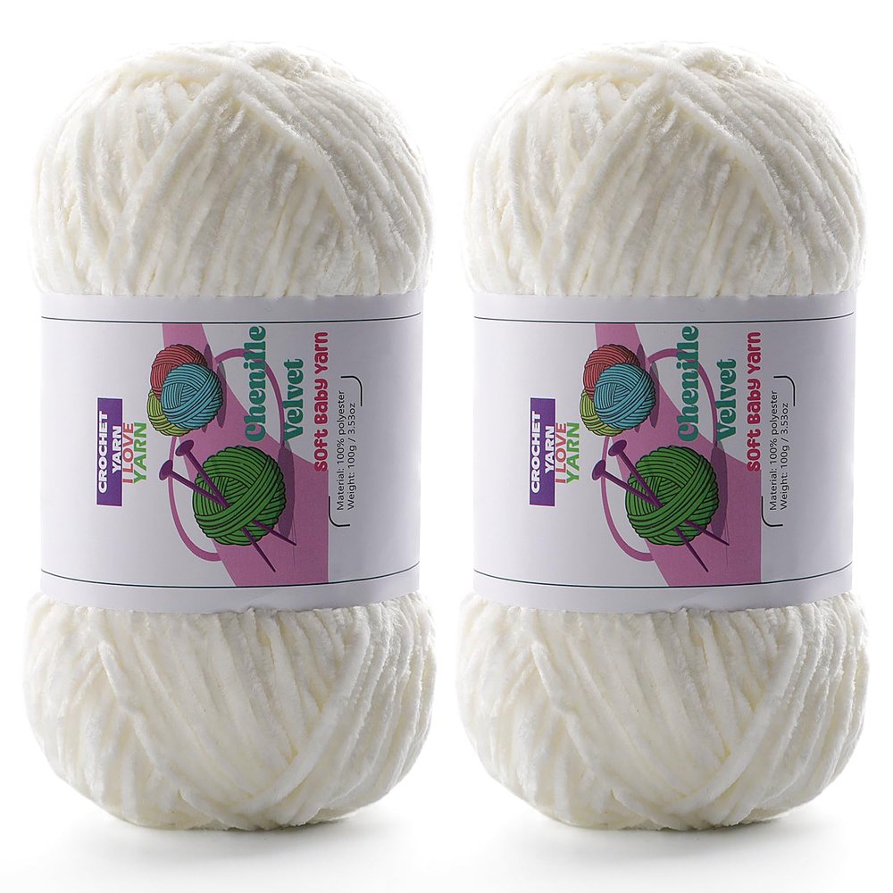 2 Plush Chunky Chenille Yarn, Fluffy Velvet for Crocheting, Soft Thick Bulky Yarns for Knitting and Making Clothes, Hats, Scarves, Blankets, Cushions (3.5oz 196.8yds Each) (Cream White)