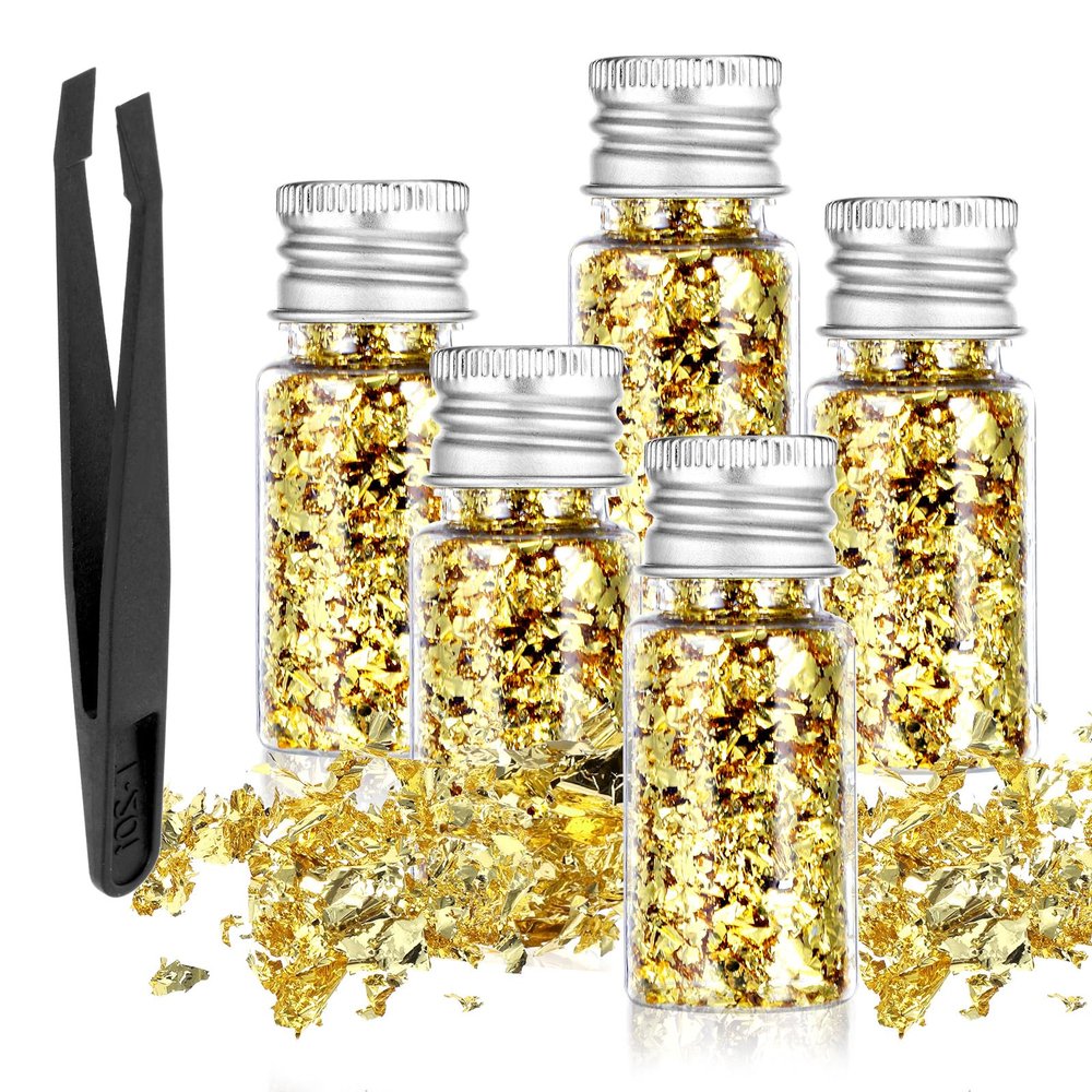 5Pcs Decorative Gold Leaf, Multifunction Gold Flakes Cake Decoration Baking Foil Decor with Plastic Tweezers for Cooking Dessert Steak Decoration Crafts Makeup