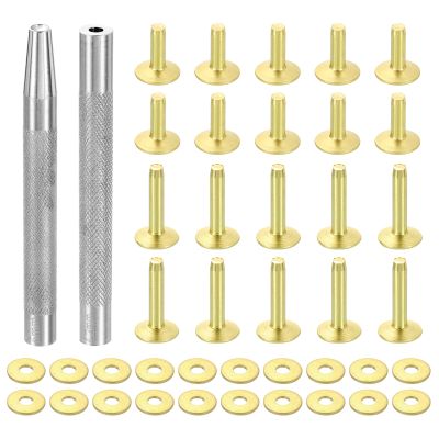 uxcell 20Set Copper Rivets and Burrs, 12x4x12mm and 12x4x19mm Solid Leather Copper Rivet Fastener with Punch Rivet Tool for Leather DIY Craft Supplies, Gold Tone