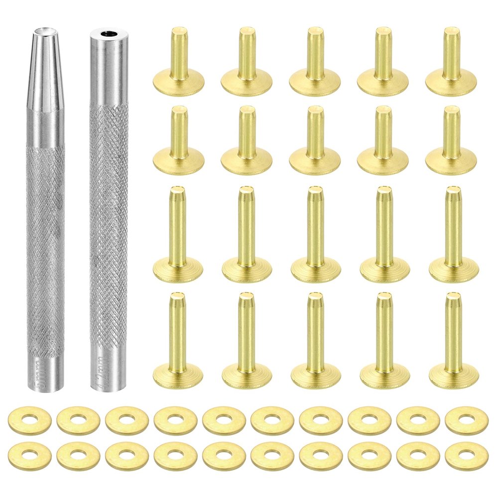 uxcell 20Set Copper Rivets and Burrs, 12x4x12mm and 12x4x19mm Solid Leather Copper Rivet Fastener with Punch Rivet Tool for Leather DIY Craft Supplies, Gold Tone