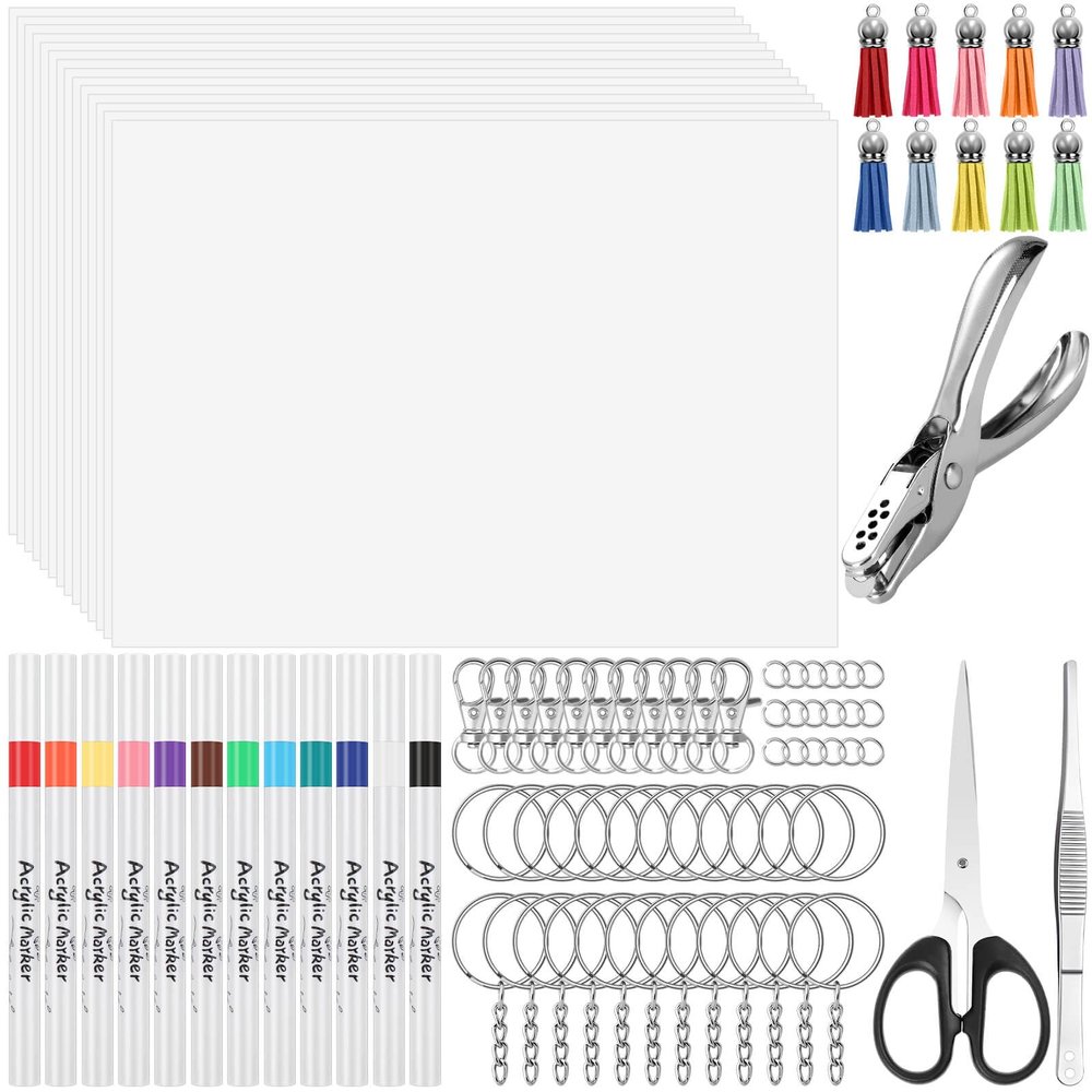 Flasoo 175 PCS Shrinky Plastic Sheets Kit, Including 20 Sheets Shrinky Art Paper, Acrylic Paint Markers, Tassels, Keychains, Hole Punch for Creative Crafts and Keychain Making