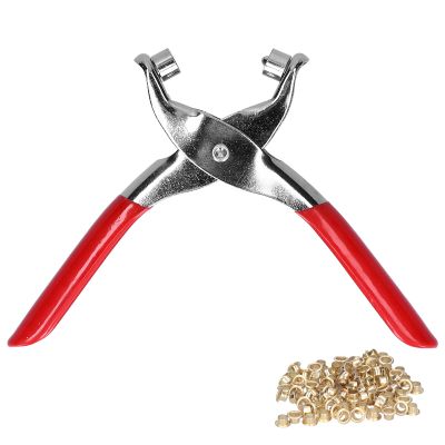 Eyelet Pliers Setter, Chrome Plated Carbon Steel with Plastic Dipping Handle, 6in Red, Includes 100Pcs Rivets for Complete Punching Tools Set