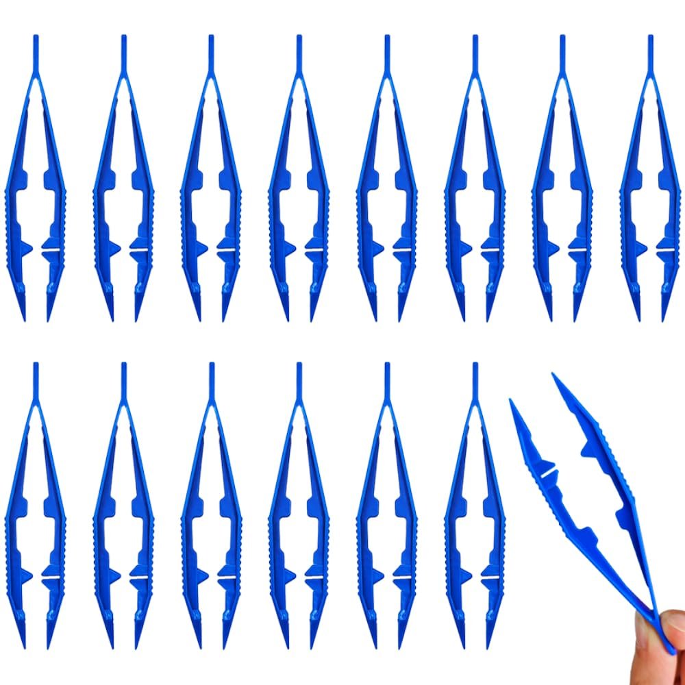 15 Pieces Blue Plastic Tweezers 4.3 Inch Craft Tweezers Forceps Thickened Plastic Sturdy Fine Motor Skill Learning for Perler Beads Jewelry Making Family Classroom School Tools Ckyleole