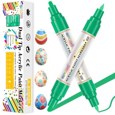 GPLMQ Paint Markers Paint Pens - 2 Pack Dual Tip Acrylic Permanent Marker (0.7mm & 3mm), Non-Toxic, Water-Based for Art Painting, Stone, Ceramic, Glass, Wood, Fabric, Metal, DIY Crafts (Green)