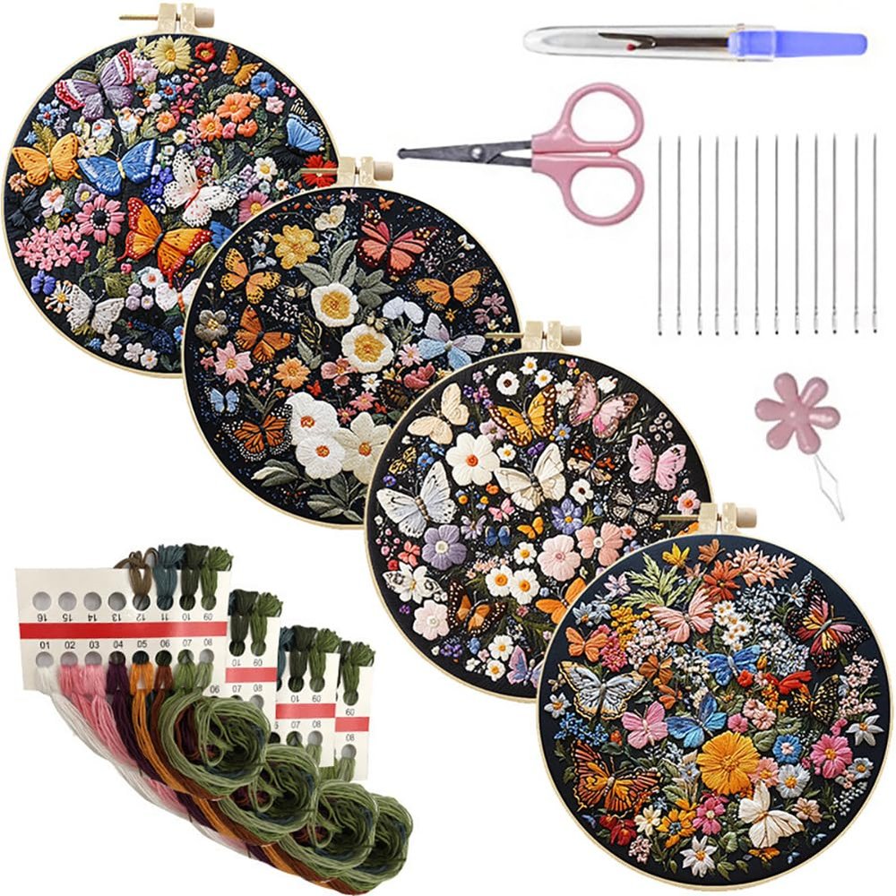 EUBUY Embroidery Kit for Beginners, Butterfly Flower Embroidery Kit Include Cloth Hoops Threads, Hand Craft Lover Gift