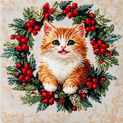 Bcdfgybcaxn Animal Embroidery Cross Stitch Kit for Beginners,cat in a Wreath,DIY Needlepoint Kits Embroidery Patterns 11CT Arts Home Decor,16X20in
