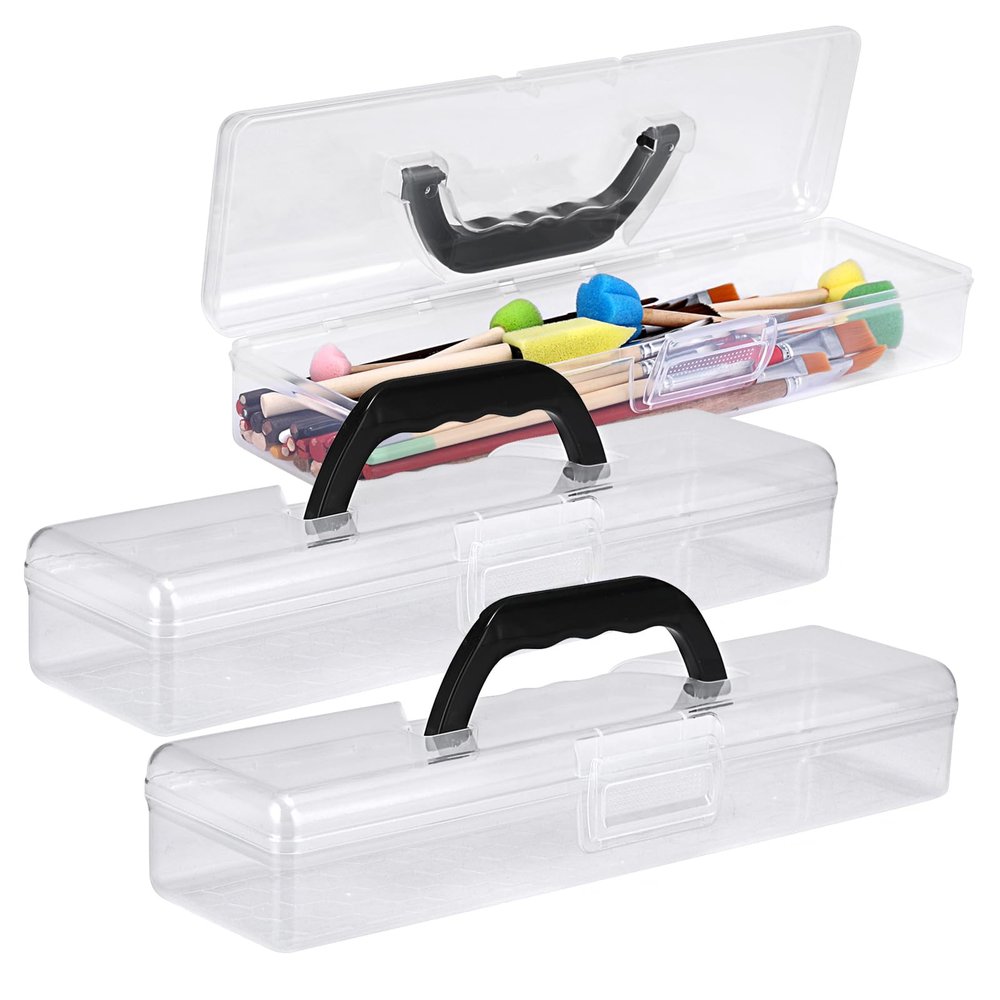 BTSKY 3 Pack Clear Plastic Painting Brush Container with Black Handle, Portable Long Paintbrush Case, Drawing Tools Storage Box, Practical Art Supply Organizer for Artist Crafters, 13.2"x3.5"x2.4"