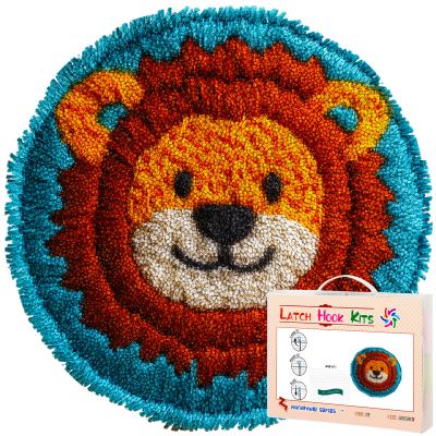 Latch Hook Rug Kit A Cute Lion Head Round Shape Carpet Crochet Yarn Craft DIY Hook and Latch Door Mat Tapestry for Christmas Home Floor Decor 50x50cm(3)