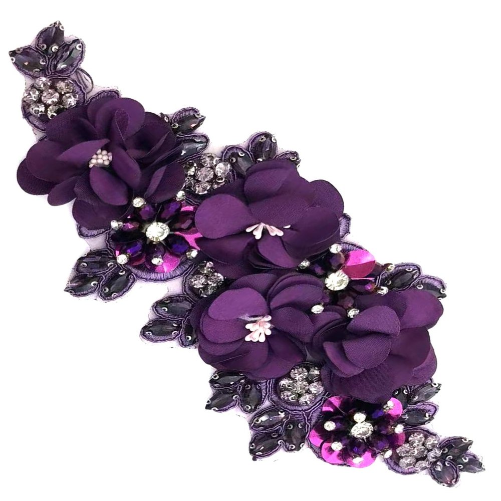 1pc Handmade Rhinestone Applique for Clothes, 3D Flower Fabric Patches for Wedding Dress, Bling Beaded Embroidery Lace Applique for Hat Hairband Sewing Embellishment (Purple)