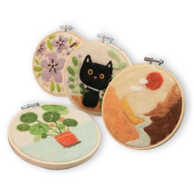Woolbuddy Needle Felting Hoop Kits 4 PK, Wool Felt Painting Kits Full Combo with Wool, Foam Pad, Felt Pattern, Hoop, Needles & Instructions, DIY Embroidery Craft for Adults & Beginners