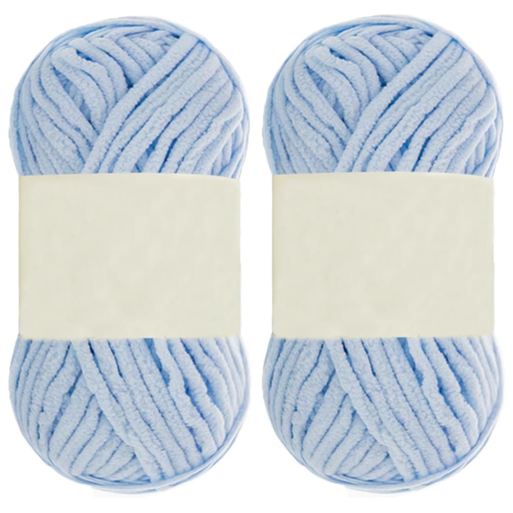 2 Sekins/200g/149 Yards Soft Fluffy Chenille Yarn for Knitting Velvet Plush Yarn for Crocheting Hat Scarf Blanket (Light Blue)