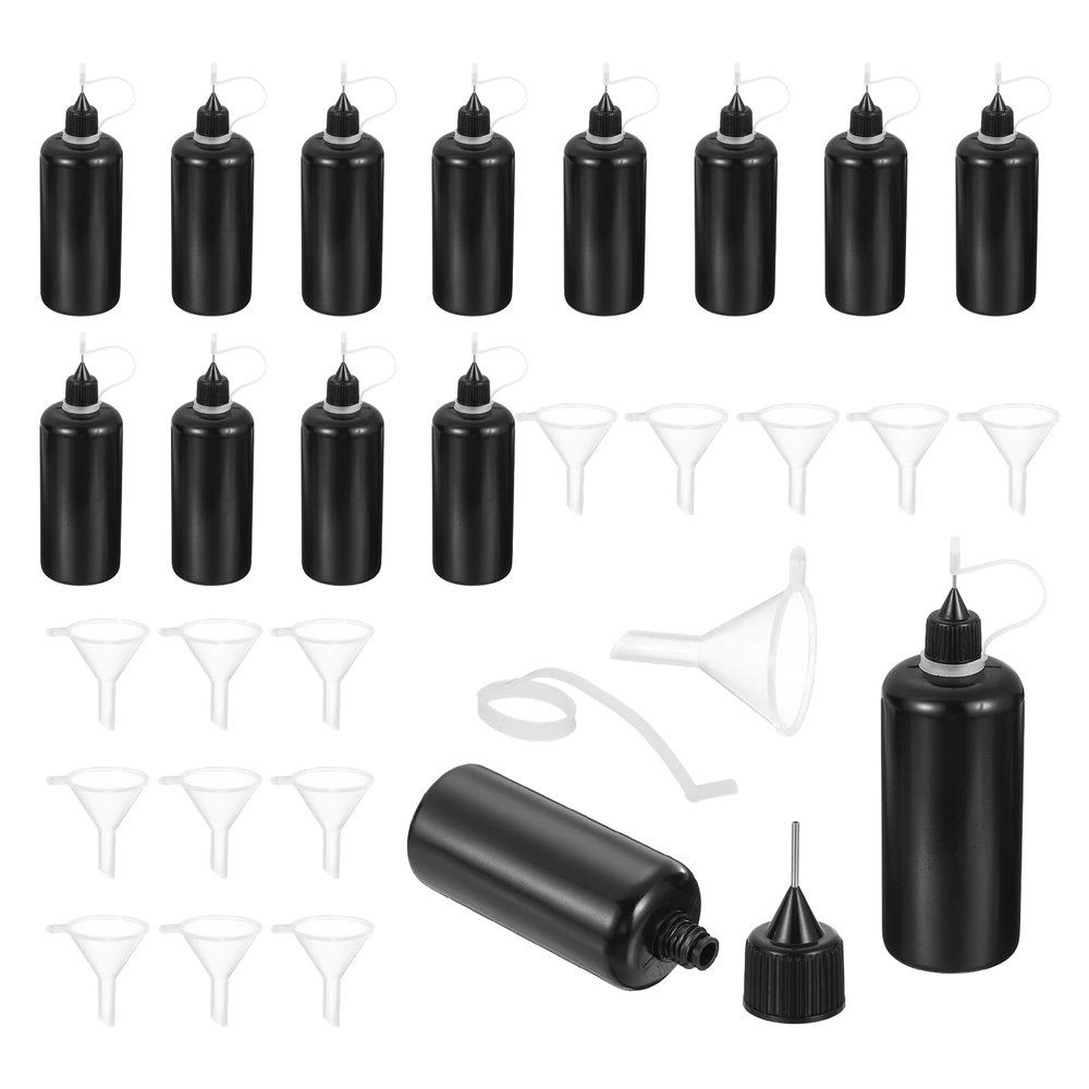MECCANIXITY 15Pcs Needle Tip Squeeze Bottle, 100ml/3.4oz Glue Tip Applicator Bottles Plastic Liquid Glue Bottle for Paper Crafts, Painting, Oil, Ink(Black, with 15 Funnel)
