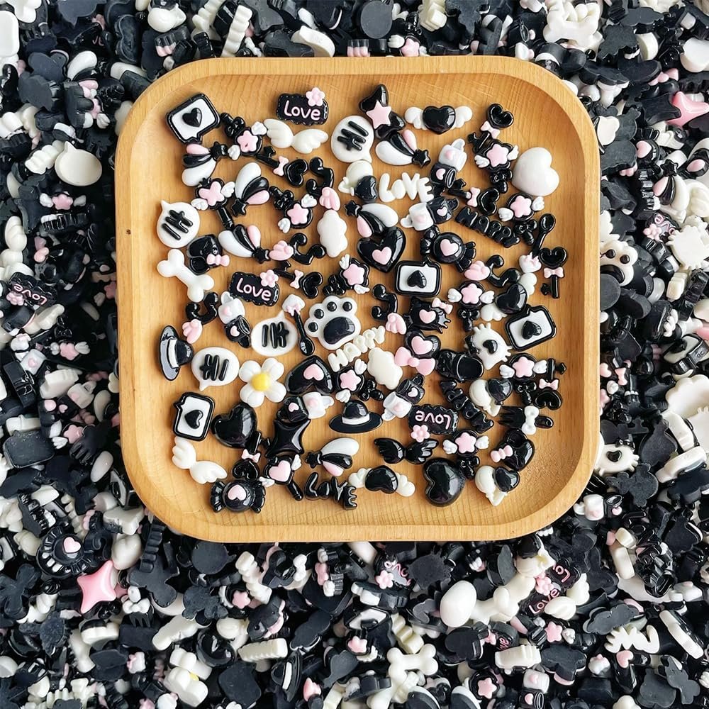 100Pcs Slime Charms Cute Set Mini Bulk Mixed Resin Charms Set Ornament Resin Flatback Craft for Scrapbooking Jewelry Making Hairpin Decors (Black)